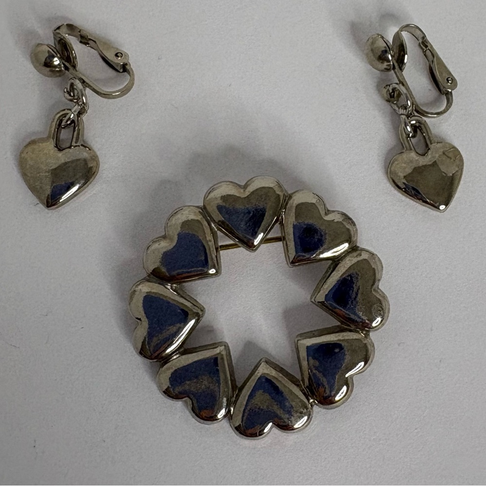 Silver Heart Brooch and Clip On Earring Set